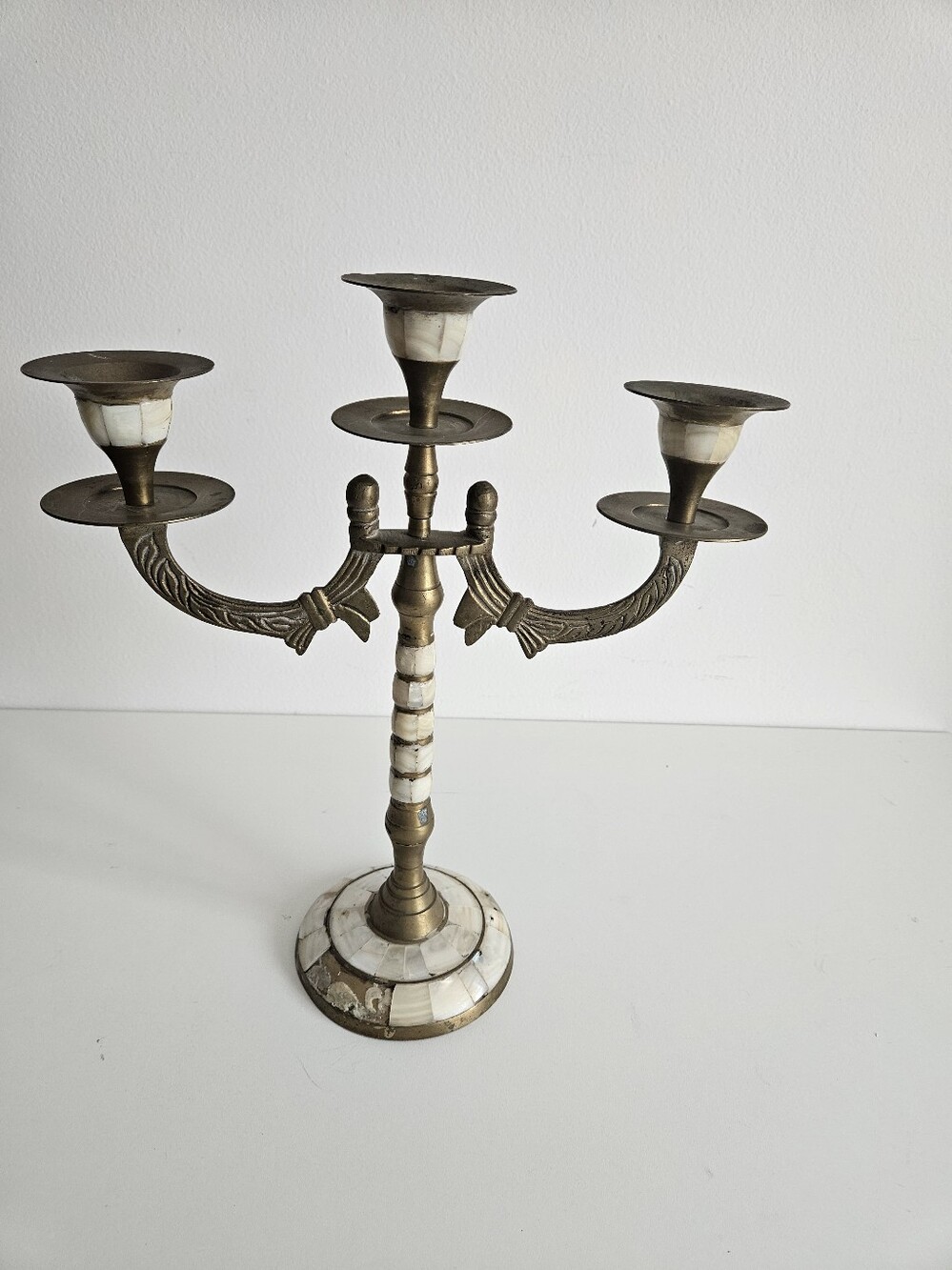 Vintage 3-Arm Brass Candelabra with Mother-of-Pearl Inlay (Approx. 11.5")